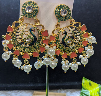 shreeji gold plated peacock inspired kundan multicolour brass earrings for women