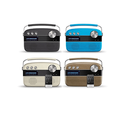 saregama carvaan audio player with remote-porcelain white/ electric blue/ charcoal grey oakwood brown/ walnut brown/ 5000 songs/ fm-am radio/ bluetooth/ usb